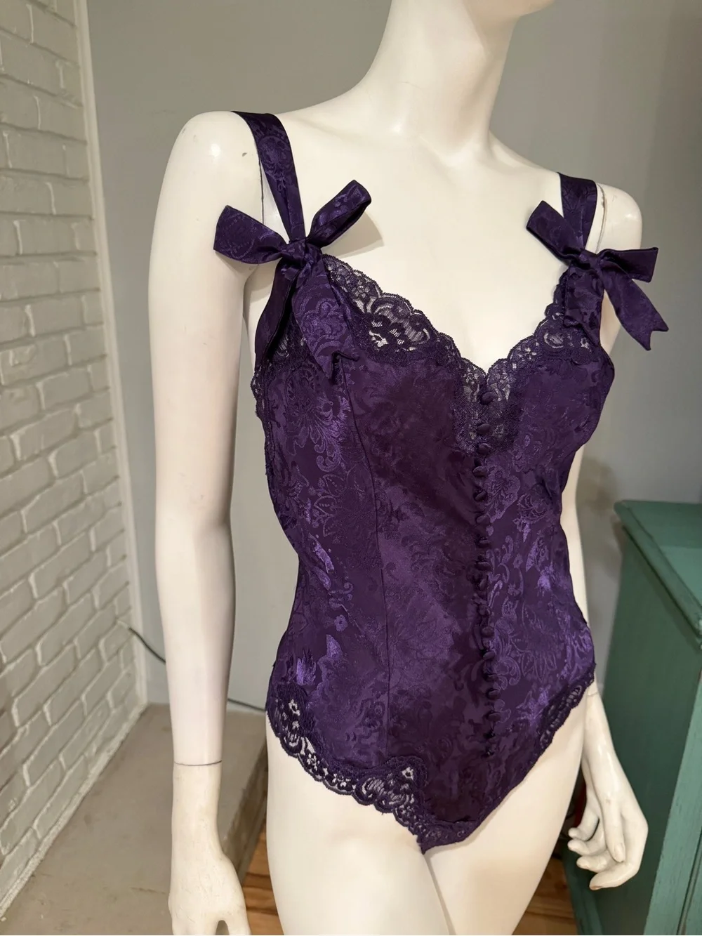 Vintage Victoria’s Secret Gold Label Purple Satin Jacquard Lace Teddy Bodysuit